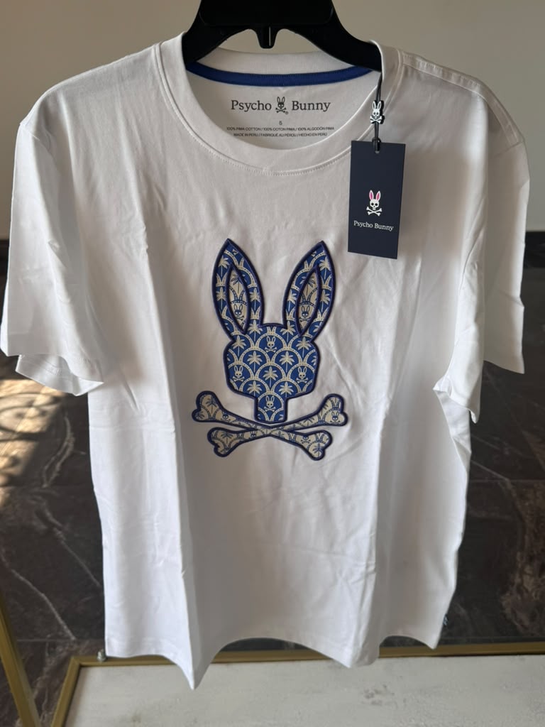 Camiseta Psycho Bunny Original Blanca con Logo Azul Bordado – 100% Auténtica | Bunnyshop305